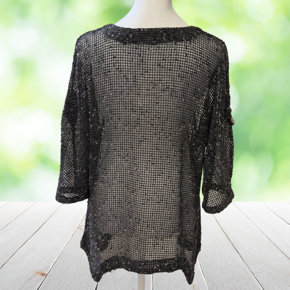 LULU B Boucle Mesh Topper Jacket Sheer Wood Button Lagenlook Boho Black Size M - Picture 2 of 14